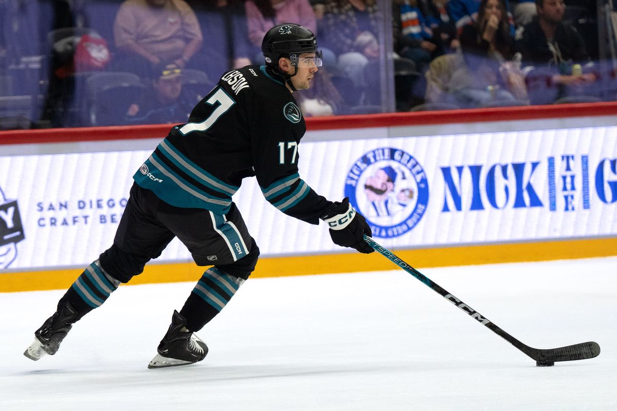 Barracuda right wing Brett Leason (17) looks to pass the puck during an AHL hockey game against the Gulls, Saturday October 24, 2026 in San Diego, California. Barracuda right wing Brett Leason (17) looks to pass the puck during an AHL hockey game against the Gulls, Saturday October 24, 2026 in San Diego, California.