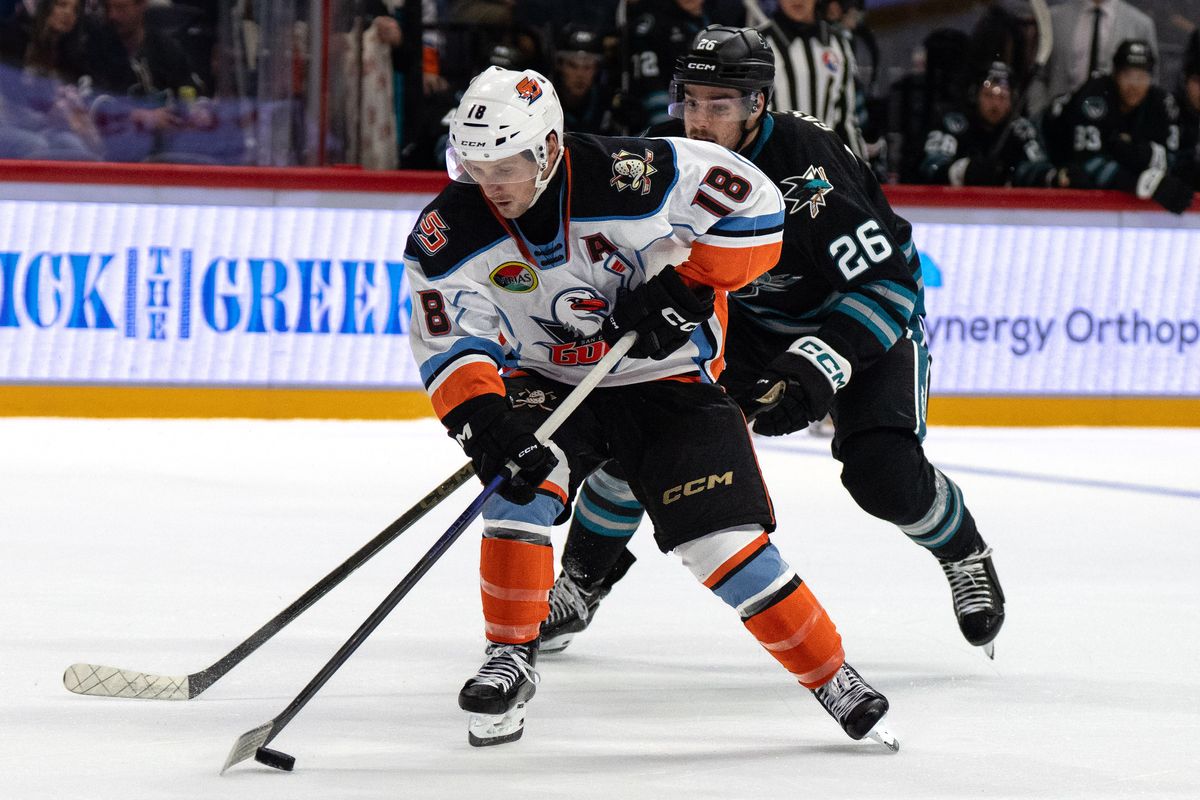 Gulls forward Matthew Phillips (18) controls the puck during an AHL hockey game against the Barracuda, Saturday October 24, 2026 in San Diego, California. Gulls forward Matthew Phillips (18) controls the puck during an AHL hockey game against the Barracuda, Saturday October 24, 2026 in San Diego, California.