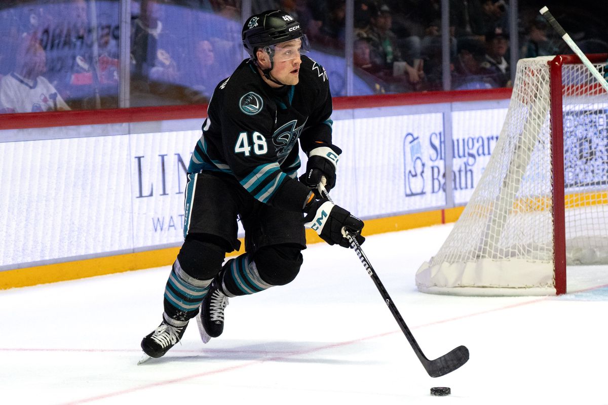 Barracuda defenseman Eric Pohlkamp (48) skates up the rink during an AHL hockey game against the Gulls, Saturday October 24, 2026 in San Diego, California. Barracuda defenseman Eric Pohlkamp (48) skates up the rink during an AHL hockey game against the Gulls, Saturday October 24, 2026 in San Diego, California.