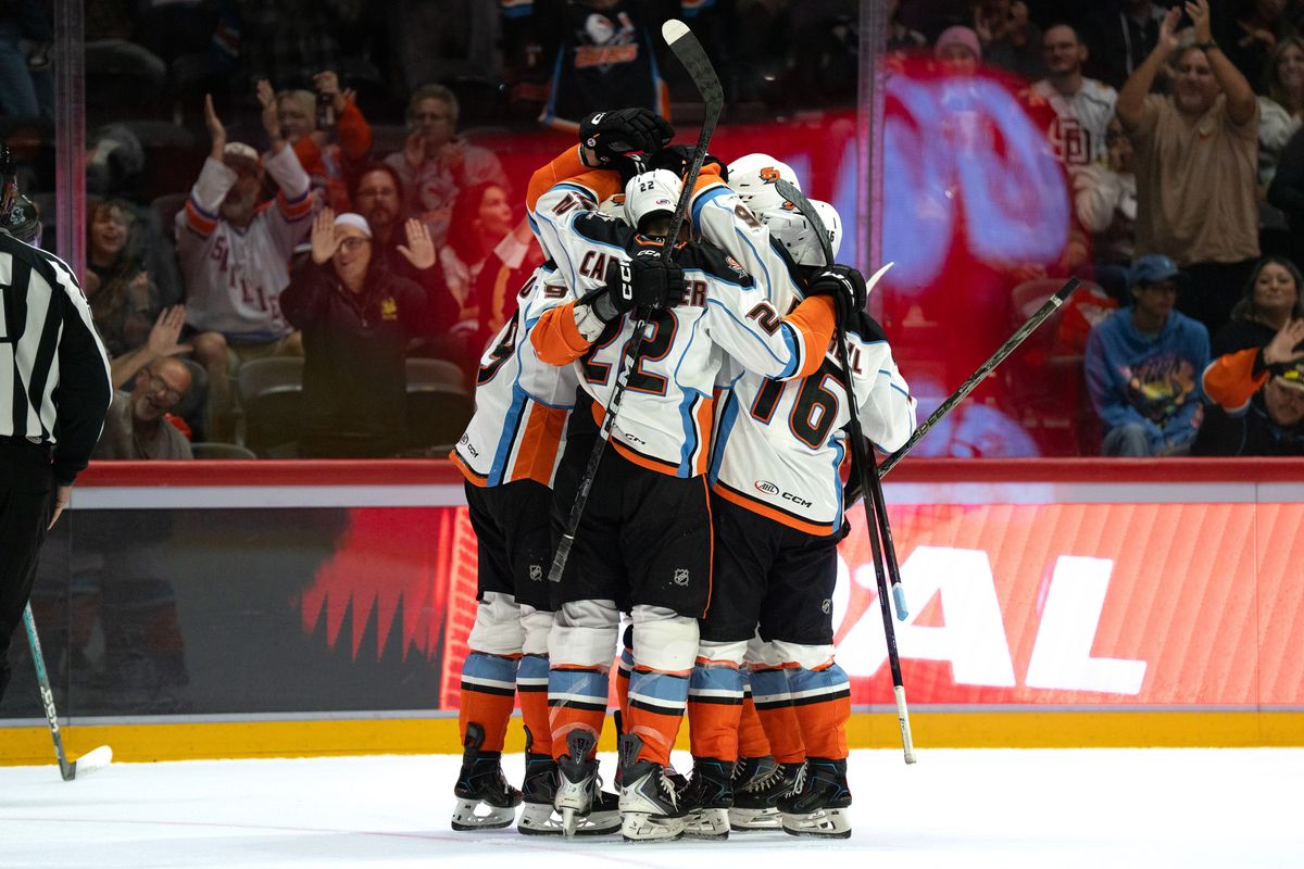 Gulls celebrate after scoring a goal during an AHL hockey game against the Barracuda, Saturday October 24, 2026 in San Diego, California. Gulls celebrate after scoring a goal during an AHL hockey game against the Barracuda, Saturday October 24, 2026 in San Diego, California.