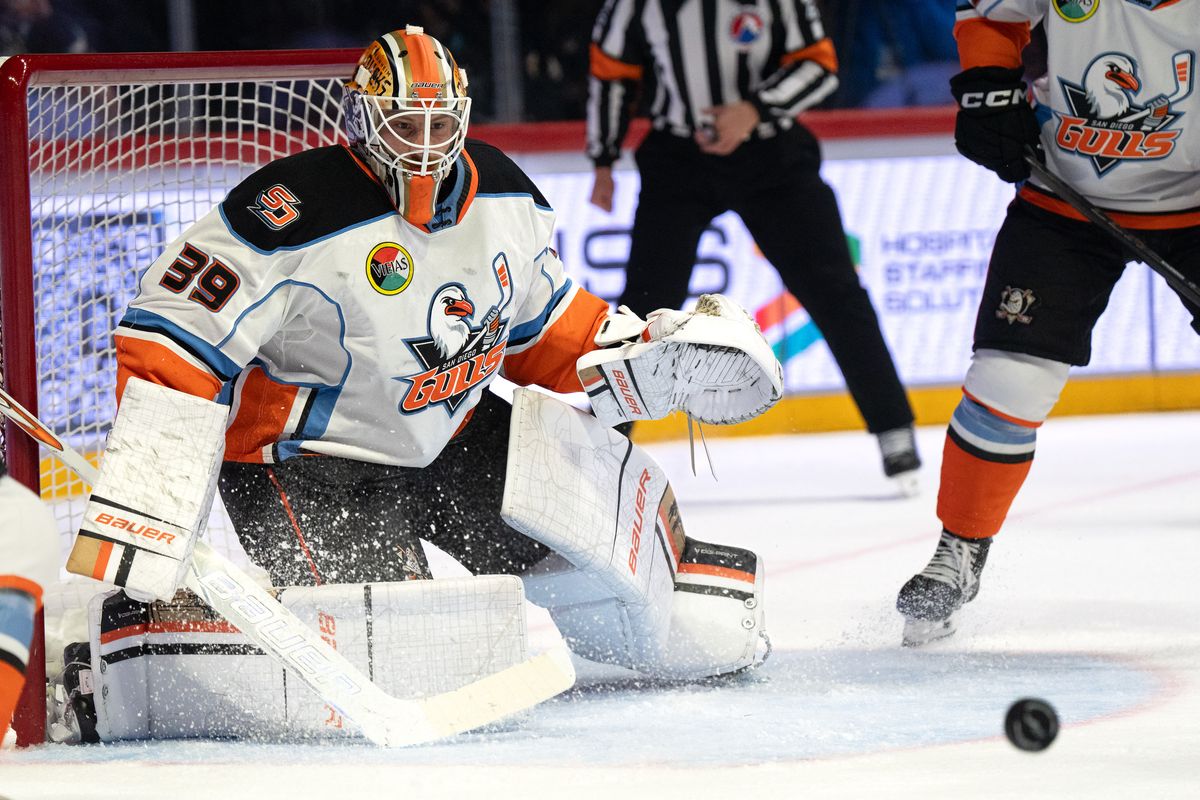 Gulls goaltender Laurent Brossoit (39) blocks the puck during an AHL hockey game against the Barracuda, Saturday October 24, 2026 in San Diego, California. Gulls goaltender Laurent Brossoit (39) blocks the puck during an AHL hockey game against the Barracuda, Saturday October 24, 2026 in San Diego, California.