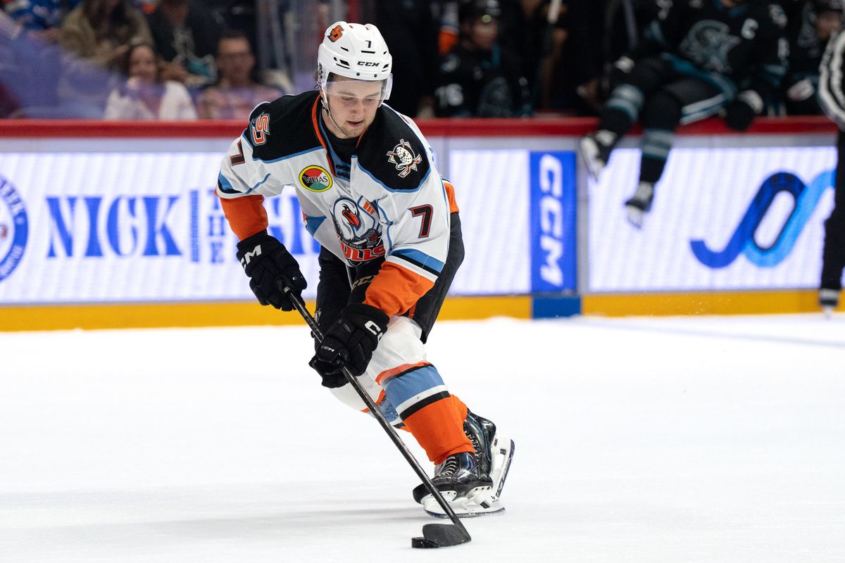 Gulls defenseman Stian Solberg (7) controls the puck during an AHL hockey game against the Barracuda, Saturday October 24, 2026 in San Diego, California. Gulls defenseman Stian Solberg (7) controls the puck during an AHL hockey game against the Barracuda, Saturday October 24, 2026 in San Diego, California.