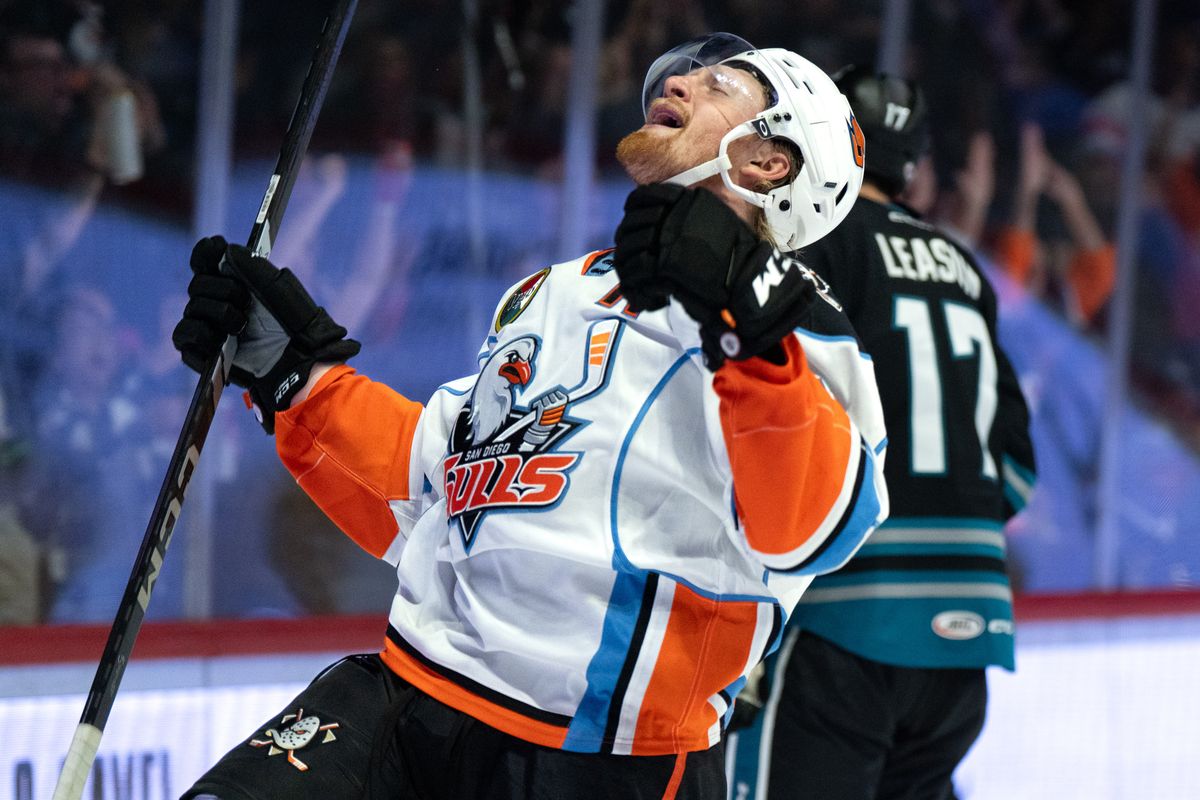 Gulls forward James Hamblin (11) celebrates after scoring a goal during an AHL hockey game against the Barracuda, Saturday October 24, 2026 in San Diego, California. Gulls forward James Hamblin (11) celebrates after scoring a goal during an AHL hockey game against the Barracuda, Saturday October 24, 2026 in San Diego, California.