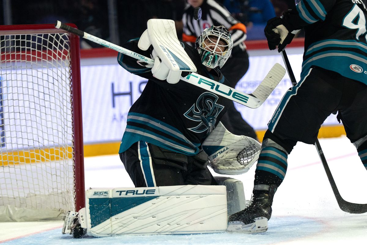Barracuda goaltender Eric Comrie (1) blocks the puck during an AHL hockey game against the Gulls, Saturday October 24, 2026 in San Diego, California. Barracuda goaltender Eric Comrie (1) blocks the puck during an AHL hockey game against the Gulls, Saturday October 24, 2026 in San Diego, California.