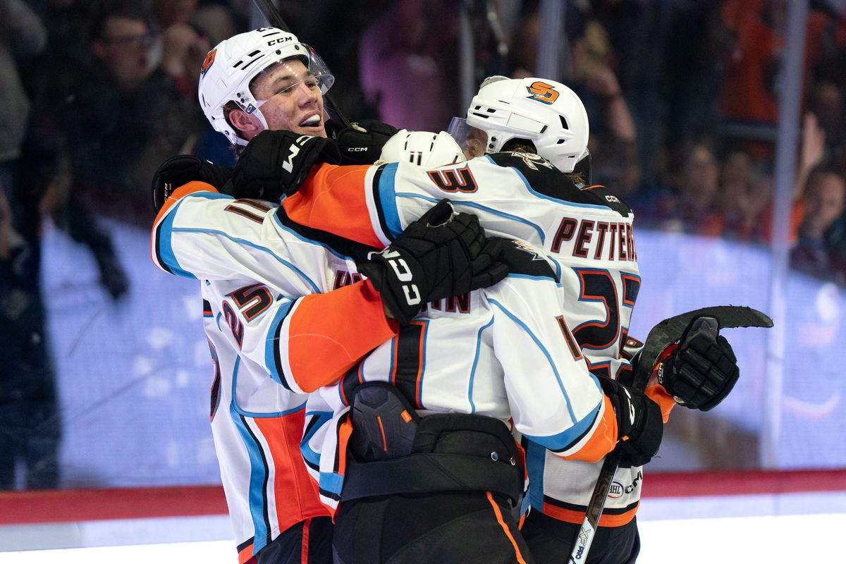 Gulls celebrate after scoring a goal during an AHL hockey game against the Barracuda, Saturday October 24, 2026 in San Diego, California. Gulls celebrate after scoring a goal during an AHL hockey game against the Barracuda, Saturday October 24, 2026 in San Diego, California.