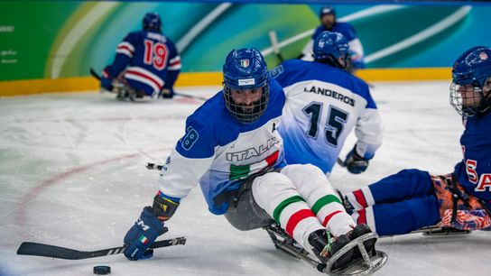 Team USA in action against Team Italy during the Preliminary Round of Para Ice Hockey between the USA and Italy on day one of the Milano Cortina 2026 Winter Paralympics at the Milano Santagiulia Ice Hockey Arena on March 07, 2026, in Milan, Italy.