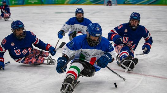 Team USA in action against Team Italy during the Preliminary Round of Para Ice Hockey between the USA and Italy on day one of the Milano Cortina 2026 Winter Paralympics at the Milano Santagiulia Ice Hockey Arena on March 07, 2026, in Milan, Italy. 