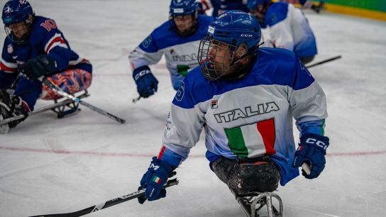 Team USA in action against Team Italy during the Preliminary Round of Para Ice Hockey between the USA and Italy on day one of the Milano Cortina 2026 Winter Paralympics at the Milano Santagiulia Ice Hockey Arena on March 07, 2026, in Milan, Italy. 