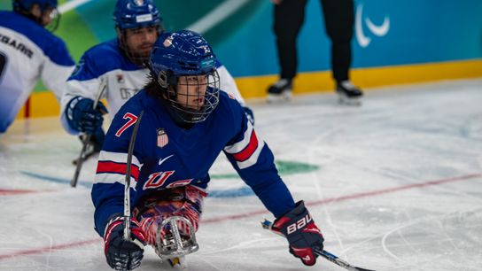 Team USA in action against Team Italy during the Preliminary Round of Para Ice Hockey between the USA and Italy on day one of the Milano Cortina 2026 Winter Paralympics at the Milano Santagiulia Ice Hockey Arena on March 07, 2026, in Milan, Italy.