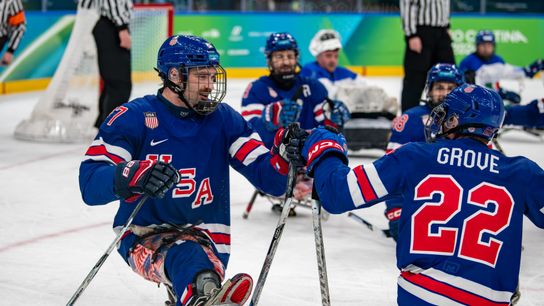 Team USA in action against Team Italy during the Preliminary Round of Para Ice Hockey between the USA and Italy on day one of the Milano Cortina 2026 Winter Paralympics at the Milano Santagiulia Ice Hockey Arena on March 07, 2026, in Milan, Italy. Kim Montuoro- The Sporting Tribune