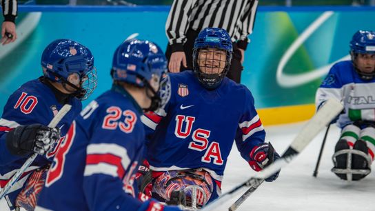 Team USA in action against Team Italy during the Preliminary Round of Para Ice Hockey between the USA and Italy on day one of the Milano Cortina 2026 Winter Paralympics at the Milano Santagiulia Ice Hockey Arena on March 07, 2026, in Milan, Italy.