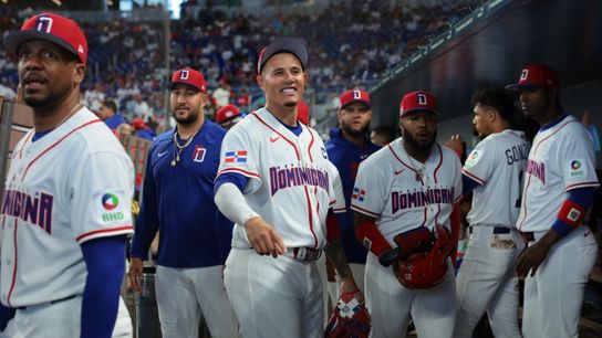 Mar 8, 2026; Miami, FL, United States; Dominican Republic third baseman Manny Machado (3) looks on from the dugout before the game against the Netherlands at loanDepot Park. Mandatory Credit: Sam Navarro-Imagn Images