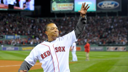 Oct 13, 2013; Boston, MA, USA; Boston Red Sox former player Dave Roberts is introduced prior to throwing out the first pitch in game two of the American League Championship Series baseball game against the Detroit Tigers at Fenway Park.