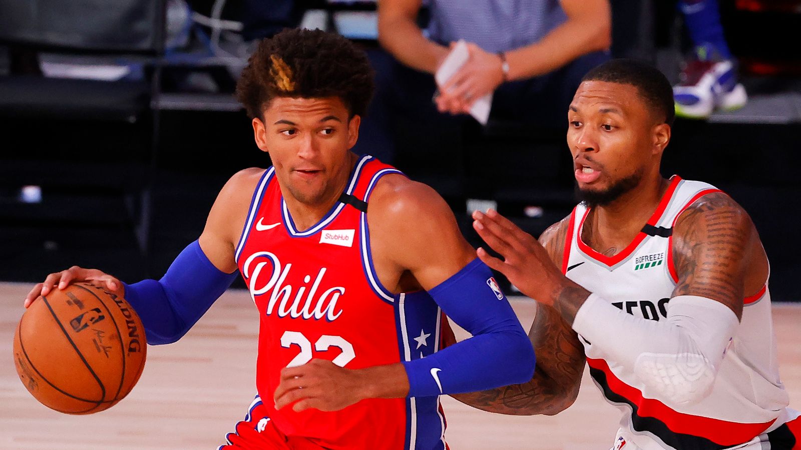 Aug 9, 2020; Lake Buena Vista, Florida, USA; Matisse Thybulle #22 of the Philadelphia 76ers drives to the basket against Damian Lillard #0 of the Portland Trail Blazers during the second quarter at Visa Athletic Center at ESPN Wide World Of Sports Complex on August 09, 2020 in Lake Buena Vista, Florida. Aug 9, 2020; Lake Buena Vista, Florida, USA; Matisse Thybulle #22 of the Philadelphia 76ers drives to the basket against Damian Lillard #0 of the Portland Trail Blazers during the second quarter at Visa Athletic Center at ESPN Wide World Of Sports Complex on August 09, 2020 in Lake Buena Vista, Florida.