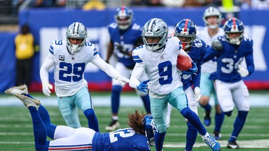 Jan 4, 2026; East Rutherford, New Jersey, USA; Dallas Cowboys wide receiver Kavontae Turpin (9) returns a kickoff as New York Giants punter Jamie Gillan (12) pursues during the second half at MetLife Stadium. Jan 4, 2026; East Rutherford, New Jersey, USA; Dallas Cowboys wide receiver Kavontae Turpin (9) returns a kickoff as New York Giants punter Jamie Gillan (12) pursues during the second half at MetLife Stadium.