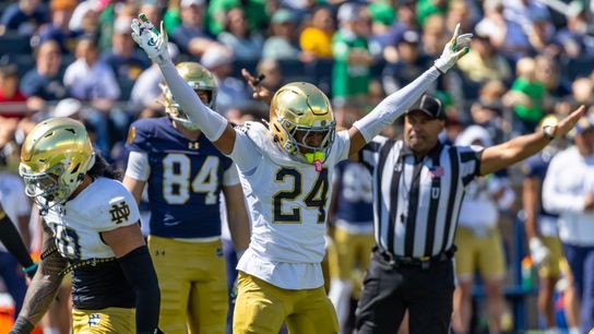 Apr 25, 2026; Notre Dame, IN, USA; Notre Dame Fighting Irish defensive back Mark Zackery IV (24) celebrates a stop during the Blue-Gold game at Notre Dame Stadium. Apr 25, 2026; Notre Dame, IN, USA; Notre Dame Fighting Irish defensive back Mark Zackery IV (24) celebrates a stop during the Blue-Gold game at Notre Dame Stadium.