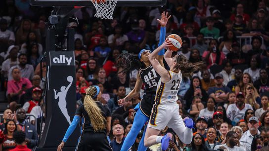 Jun 20, 2026; Atlanta, Georgia, USA; Atlanta Dream guard Allisha Gray (15) blocks a shot against Indiana Fever guard Caitlin Clark (22) during the fourth quarter at State Farm Arena. Jun 20, 2026; Atlanta, Georgia, USA; Atlanta Dream guard Allisha Gray (15) blocks a shot against Indiana Fever guard Caitlin Clark (22) during the fourth quarter at State Farm Arena.