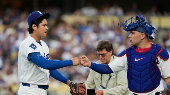 Jul 3, 2026; Los Angeles, California, USA; Los Angeles Dodgers starting pitcher Shohei Ohtani (17) fist-bumps catcher Dalton Rushing (68) following the end of the first inning against the San Diego Padres at Dodger Stadium.