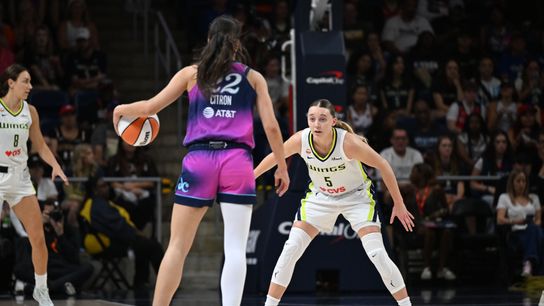 Jul 31, 2026; Washington, District of Columbia, USA; Dallas Wings guard Paige Bueckers (5) defends Washington Mystics guard Sonia Citron (22) at CareFirst Arena. Jul 31, 2026; Washington, District of Columbia, USA; Dallas Wings guard Paige Bueckers (5) defends Washington Mystics guard Sonia Citron (22) at CareFirst Arena.