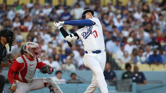 Jul 31, 2026; Los Angeles, California, USA; Los Angeles Dodgers designated hitter Shohei Ohtani (17) bats against Boston Red Sox starting pitcher Ranger Suarez (not pictured) during the first inning at Dodger Stadium. Jul 31, 2026; Los Angeles, California, USA; Los Angeles Dodgers designated hitter Shohei Ohtani (17) bats against Boston Red Sox starting pitcher Ranger Suarez (not pictured) during the first inning at Dodger Stadium.
