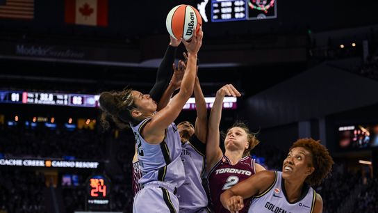 Aug 4, 2026; San Francisco, California, USA; Golden State Valkyries guard Veronica Burton (22) rebounds the ball during the fourth quarter against the Toronto Tempo at Chase Center. 