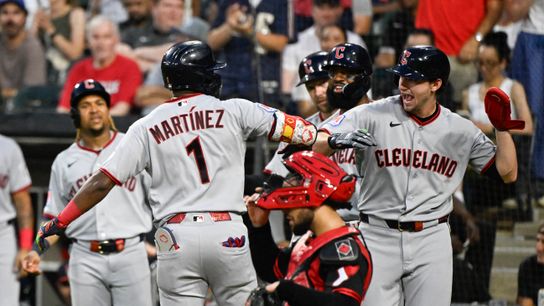 Aug 7, 2026; Chicago, Illinois, USA; Cleveland Guardians left fielder Angel Martínez (1) celebrates with Cleveland Guardians right fielder Chase DeLauter (24), right, after they score on his grand slam during the fifth inning against the Chicago White Sox at Rate Field. 