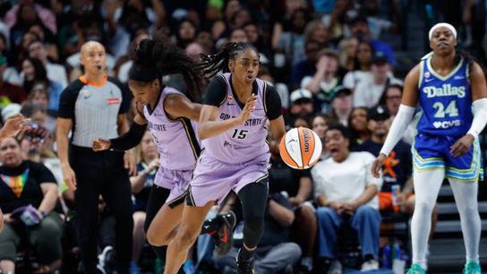 Aug 7, 2026; Dallas, Texas, USA; Golden State Valkyries guard Tiffany Hayes (15) dribbles the ball up court against the Dallas Wings during the second half at American Airlines Center. Aug 7, 2026; Dallas, Texas, USA; Golden State Valkyries guard Tiffany Hayes (15) dribbles the ball up court against the Dallas Wings during the second half at American Airlines Center.