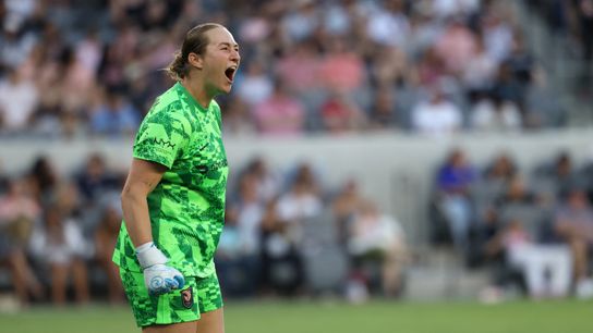 Angelina Anderson denies Gotham from the spot to secure a point for Angel City taken at BMO Stadium (Angel City FC). Photo by Kiyoshi Mio-Imagn Images
