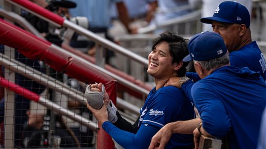 Aug 27, 2026; Cumberland, Georgia, USA; Los Angeles Dodgers designated hitter Shohei Ohtani (17) reacts with manager Dave Roberts (30) before the game against the Atlanta Braves at Truist Park. Aug 27, 2026; Cumberland, Georgia, USA; Los Angeles Dodgers designated hitter Shohei Ohtani (17) reacts with manager Dave Roberts (30) before the game against the Atlanta Braves at Truist Park.