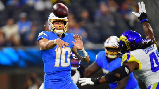 Aug 27, 2026; Inglewood, California, USA; Los Angeles Chargers quarterback Justin Herbert (10) throws against the Los Angeles Rams during the first half at SoFi Stadium.