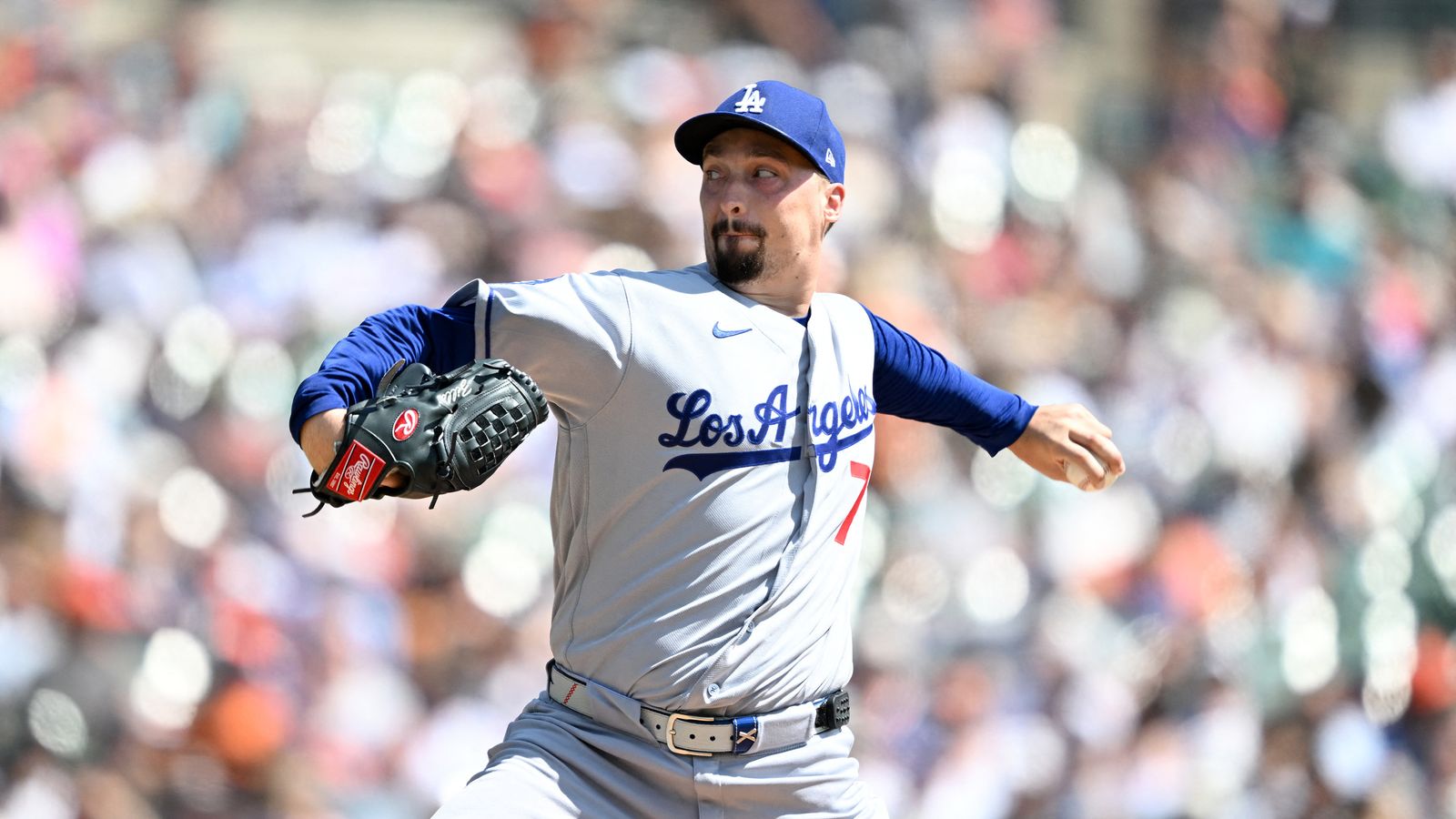 Aug 29, 2026; Detroit, Michigan, USA; Los Angeles Dodgers starting pitcher Blake Snell (7) throws a pitch against the Detroit Tigers in the first inning at Comerica Park.