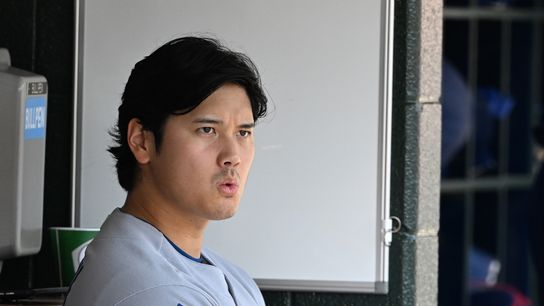 Aug 29, 2026; Detroit, Michigan, USA; Los Angeles Dodgers designated hitter Shohei Ohtani (17) watches from the dugout in the second inning against the Detroit Tigers at Comerica Park.