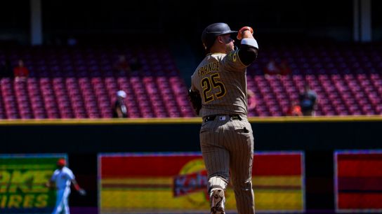 Sep 2, 2026; Cincinnati, Ohio, USA; San Diego Padres first baseman Ty France (25) reacts after hitting a two-run home run in the first inning against the Cincinnati Reds at Great American Ball Park. Sep 2, 2026; Cincinnati, Ohio, USA; San Diego Padres first baseman Ty France (25) reacts after hitting a two-run home run in the first inning against the Cincinnati Reds at Great American Ball Park.