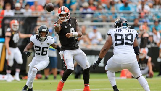 Cleveland Browns quarterback Deshaun Watson (4) throws the ball as Jacksonville Jaguars safety Antonio Johnson (26) and defensive tackle Jeremiah Ledbetter (99) look on during the third quarter of an NFL football matchup Sunday, Sept. 15, 2024 at EverBank Stadium in Jacksonville, Fla. The Browns defeated the Jaguars 18-13. Cleveland Browns quarterback Deshaun Watson (4) throws the ball as Jacksonville Jaguars safety Antonio Johnson (26) and defensive tackle Jeremiah Ledbetter (99) look on during the third quarter of an NFL football matchup Sunday, Sept. 15, 2024 at EverBank Stadium in Jacksonville, Fla. The Browns defeated the Jaguars 18-13.