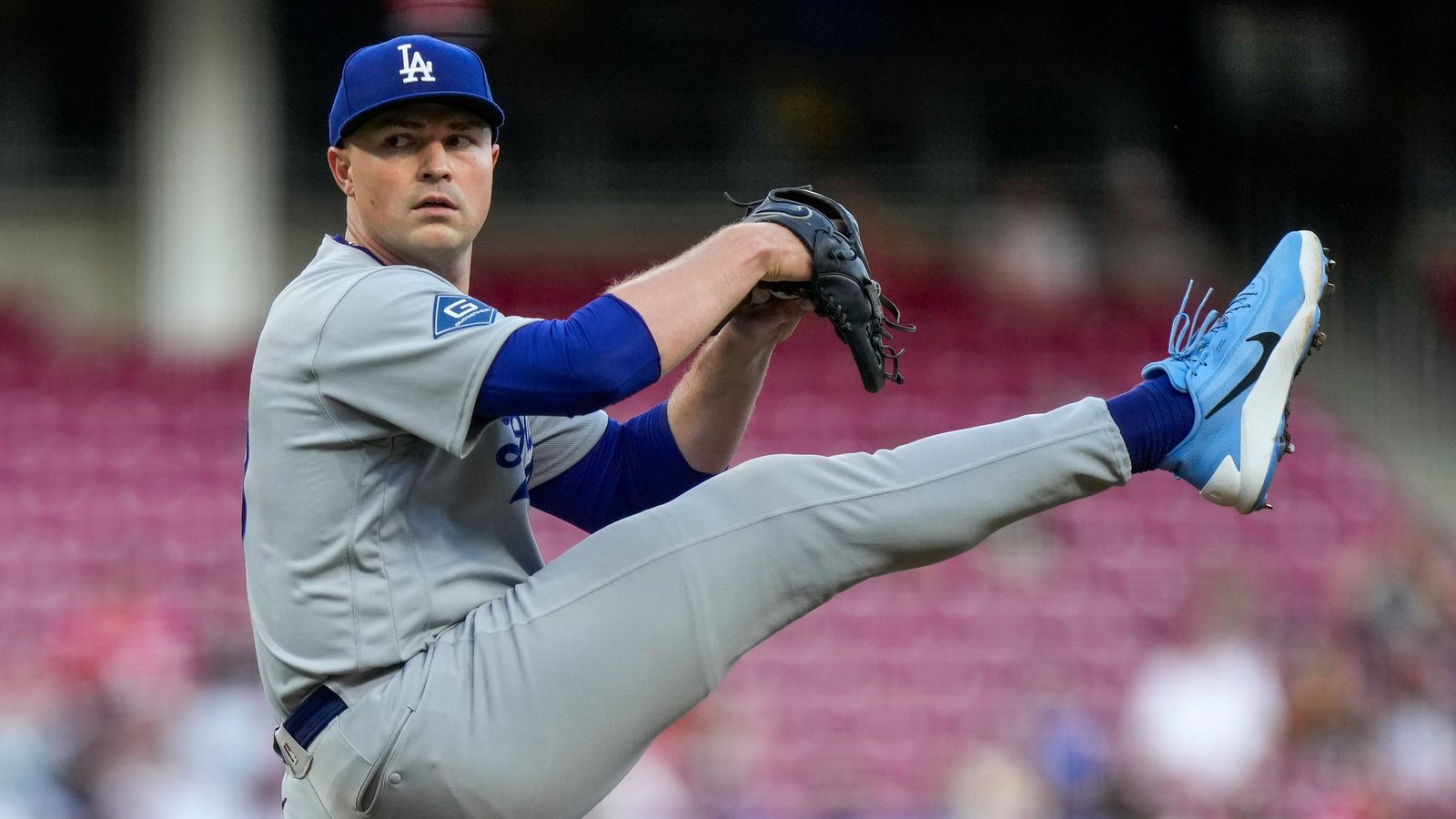 Los Angeles Dodgers pitcher Tarik Skubal (29) winds up in the second inning of the MLB National League game between the Cincinnati Reds and the Los Angeles Dodgers at Great American Ball Park in Cincinnati on Monday, Sept. 14, 2026.
