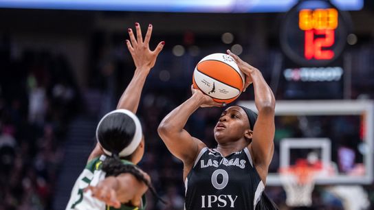 Jackie Young carries over World Cup effort with career-best performance against Storm taken at Climate Pledge Arena (Las Vegas Aces). Photo by Stephen Brashear-Imagn Images via Reuters Connect