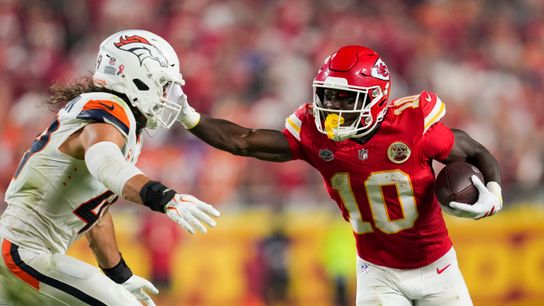 Sep 14, 2026; Kansas City, Missouri, USA; Kansas City Chiefs running back Emmett Johnson (10) stiff arms Denver Broncos linebacker Alex Singleton (49) during the second half at Arrowhead Stadium. Sep 14, 2026; Kansas City, Missouri, USA; Kansas City Chiefs running back Emmett Johnson (10) stiff arms Denver Broncos linebacker Alex Singleton (49) during the second half at Arrowhead Stadium.
