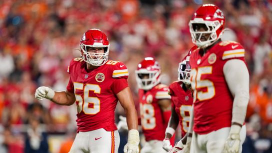 Sep 14, 2026; Kansas City, Missouri, USA; Kansas City Chiefs defensive end George Karlaftis (56) reacts during the second half against the Denver Broncos at Arrowhead Stadium. Sep 14, 2026; Kansas City, Missouri, USA; Kansas City Chiefs defensive end George Karlaftis (56) reacts during the second half against the Denver Broncos at Arrowhead Stadium.
