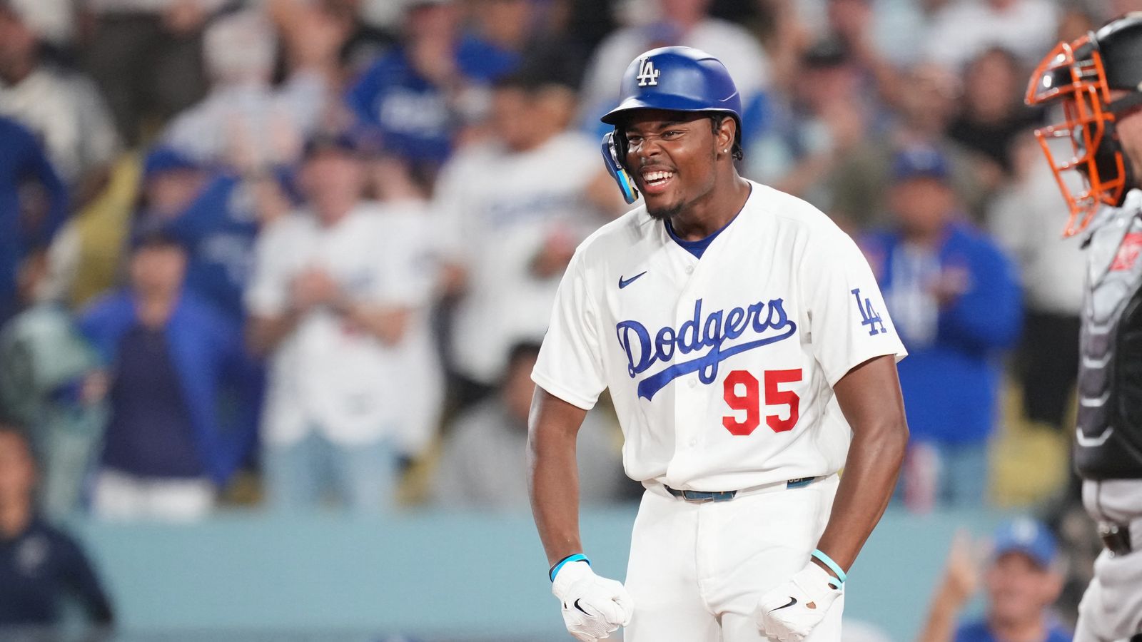 Sep 18, 2026; Los Angeles, California, USA; Los Angeles Dodgers designated hitter Josue de Paula (95) celebrates after scoring on a two run home run by Los Angeles Dodgers shortstop Mookie Betts (not pictured) during the eighth inning against the San Francisco Giants at Dodger Stadium. Sep 18, 2026; Los Angeles, California, USA; Los Angeles Dodgers designated hitter Josue de Paula (95) celebrates after scoring on a two run home run by Los Angeles Dodgers shortstop Mookie Betts (not pictured) during the eighth inning against the San Francisco Giants at Dodger Stadium.