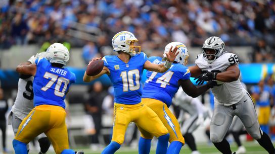 Sep 20, 2026; Inglewood, California, USA; Los Angeles Chargers quarterback Justin Herbert (10) throws a pass against the Las Vegas Raiders during the first half at SoFi Stadium. Sep 20, 2026; Inglewood, California, USA; Los Angeles Chargers quarterback Justin Herbert (10) throws a pass against the Las Vegas Raiders during the first half at SoFi Stadium.