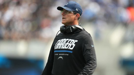 Sep 20, 2026; Inglewood, California, USA; Los Angeles Chargers head coach Jim Harbaugh looks on against the Las Vegas Raiders during the first half at SoFi Stadium. Sep 20, 2026; Inglewood, California, USA; Los Angeles Chargers head coach Jim Harbaugh looks on against the Las Vegas Raiders during the first half at SoFi Stadium.