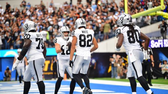 Sep 20, 2026; Inglewood, California, USA; Las Vegas Raiders wide receiver Jack Bech (18) celebrates with Las Vegas Raiders wide receiver Corey Rucker (82) after a touchdown against the Los Angeles Chargers during the second half at SoFi Stadium. Sep 20, 2026; Inglewood, California, USA; Las Vegas Raiders wide receiver Jack Bech (18) celebrates with Las Vegas Raiders wide receiver Corey Rucker (82) after a touchdown against the Los Angeles Chargers during the second half at SoFi Stadium.