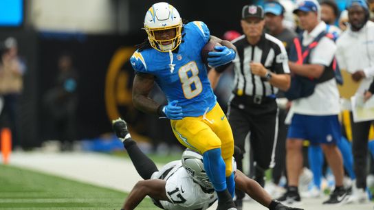 Sep 20, 2026; Inglewood, California, USA; Los Angeles Chargers running back Omarion Hampton (8) runs past Las Vegas Raiders linebacker Nakobe Dean (17) during the first half at SoFi Stadium. Sep 20, 2026; Inglewood, California, USA; Los Angeles Chargers running back Omarion Hampton (8) runs past Las Vegas Raiders linebacker Nakobe Dean (17) during the first half at SoFi Stadium.
