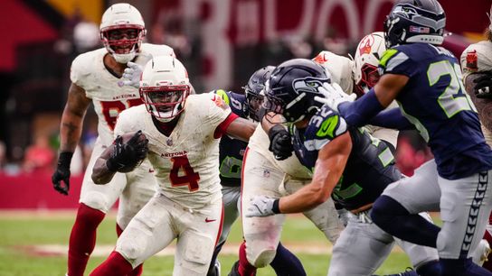 Arizona Cardinals running back Jeremiyah Love (4) runs against the Seattle Seahawks during a game at State Farm Stadium in Glendale, Ariz. on Sept. 20, 2026. Arizona Cardinals running back Jeremiyah Love (4) runs against the Seattle Seahawks during a game at State Farm Stadium in Glendale, Ariz. on Sept. 20, 2026.