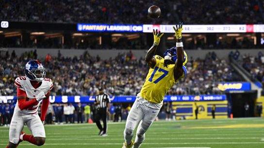 Sep 21, 2026; Inglewood, California, USA; Los Angeles Rams wide receiver Davante Adams (17) scores a touchdown against New York Giants cornerback Colton Hood (12) during the third quarter at SoFi Stadium. Sep 21, 2026; Inglewood, California, USA; Los Angeles Rams wide receiver Davante Adams (17) scores a touchdown against New York Giants cornerback Colton Hood (12) during the third quarter at SoFi Stadium.