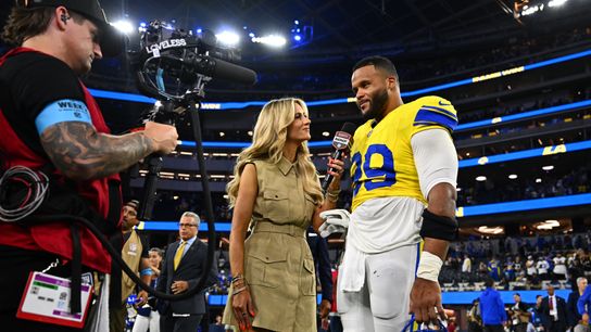 Sep 21, 2026; Inglewood, California, USA; Los Angeles Rams defensive tackle Aaron Donald (99) is interviewed after defeating the New York Giants at SoFi Stadium. Sep 21, 2026; Inglewood, California, USA; Los Angeles Rams defensive tackle Aaron Donald (99) is interviewed after defeating the New York Giants at SoFi Stadium.