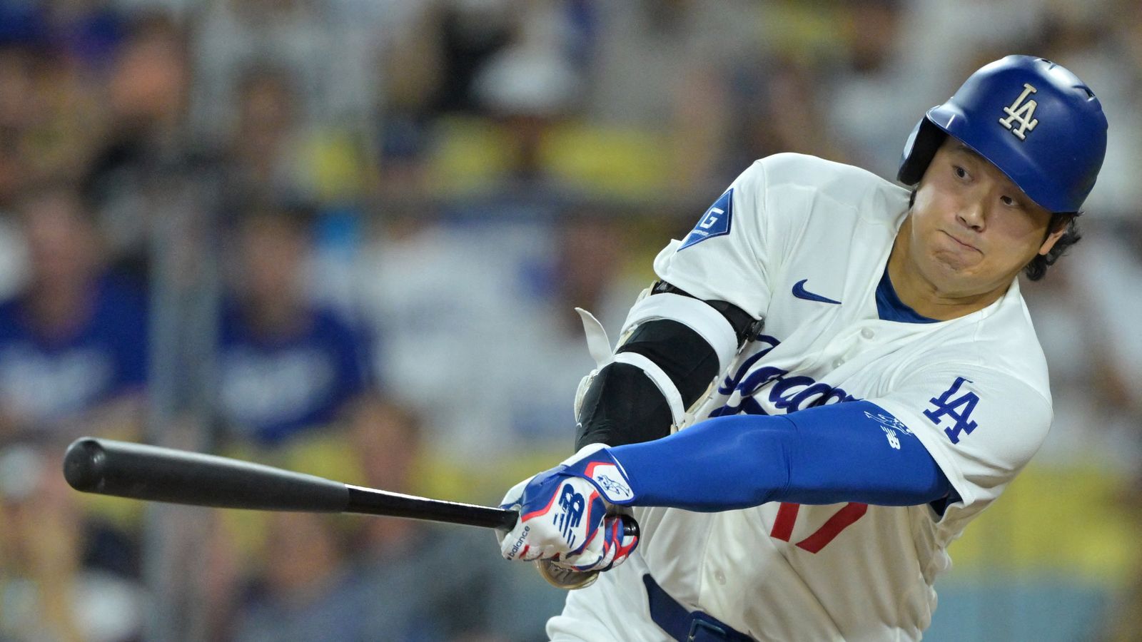 Sep 23, 2026; Los Angeles, California, USA; Los Angeles Dodgers two-way player Shohei Ohtani (17) hits a single during the first inning against the San Diego Padres at UNIQLO Field at Dodger Stadium. Sep 23, 2026; Los Angeles, California, USA; Los Angeles Dodgers two-way player Shohei Ohtani (17) hits a single during the first inning against the San Diego Padres at UNIQLO Field at Dodger Stadium.
