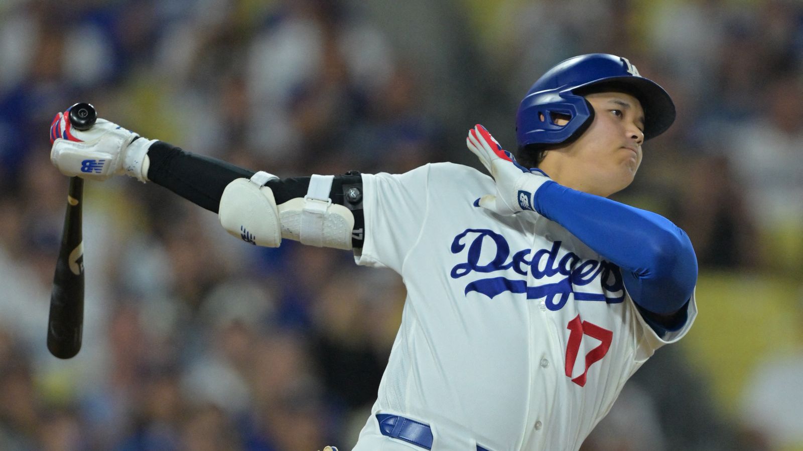 Sep 23, 2026; Los Angeles, California, USA; Los Angeles Dodgers designated hitter Shohei Ohtani (17) strikes out in the ninth inning against the San Diego Padres at Dodger Stadium. Sep 23, 2026; Los Angeles, California, USA; Los Angeles Dodgers designated hitter Shohei Ohtani (17) strikes out in the ninth inning against the San Diego Padres at Dodger Stadium.