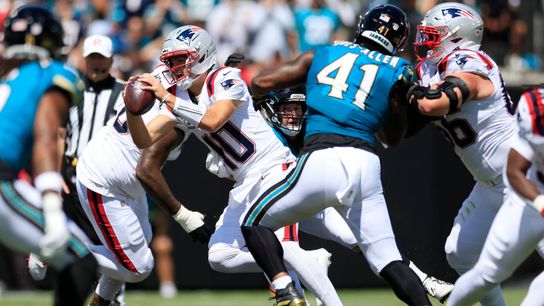 New England Patriots quarterback Drake Maye (10) is pressured during the first quarter of an NFL football matchup at EverBank Stadium on Sunday, Sept. 27, 2026, in Jacksonville, Fla. New England Patriots quarterback Drake Maye (10) is pressured during the first quarter of an NFL football matchup at EverBank Stadium on Sunday, Sept. 27, 2026, in Jacksonville, Fla.