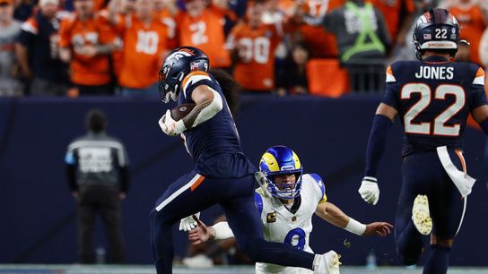 Sep 27, 2026; Denver, Colorado, USA; Denver Broncos safety Talanoa Hufanga (9) runs after an interception to score a touchdown against Los Angeles Rams quarterback Matthew Stafford (9) during the second half Empower Field at Mile High. Sep 27, 2026; Denver, Colorado, USA; Denver Broncos safety Talanoa Hufanga (9) runs after an interception to score a touchdown against Los Angeles Rams quarterback Matthew Stafford (9) during the second half Empower Field at Mile High.